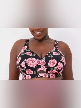 Cacique Black & Pink Rose-Print Lightly Lined No-Wire Bra